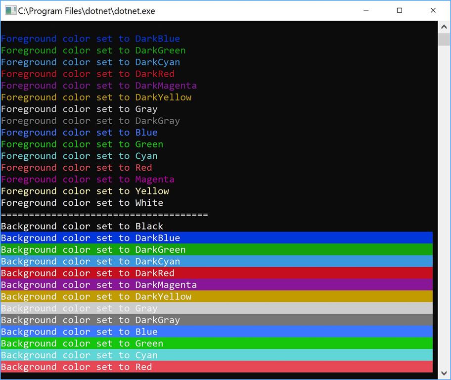 Bron afbeelding : https://www.c-sharpcorner.com/article/change-console-foreground-and-background-color-in-c-sharp/