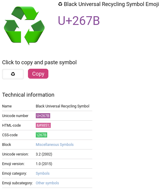 Het symbool voor recyclage is symbool nummer 9851. Zelfde uitleg als voor de letter f.