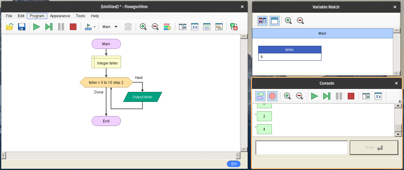 Flowgorithm programma, gepauzeerd middenin een for-lus, met weergave van de teller.